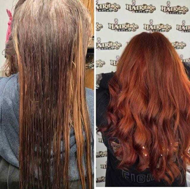 Before and after hair transformation: straight brown to wavy vibrant red.